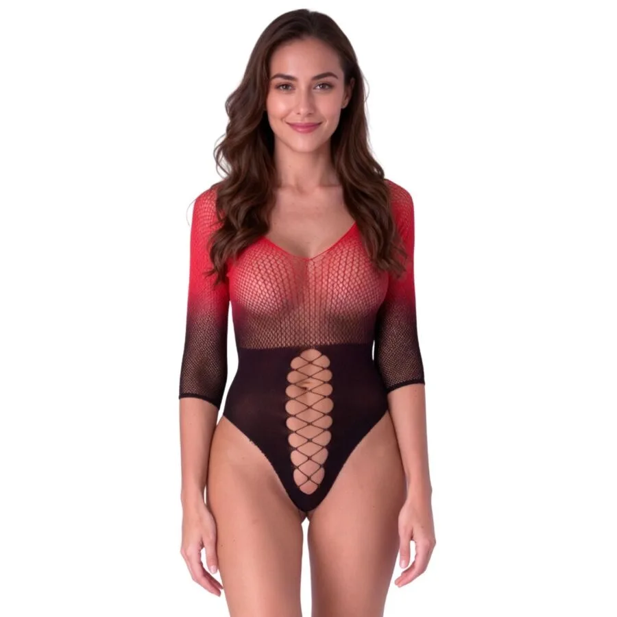 Passion BS118 Svart och Röd Mesh Bodystocking