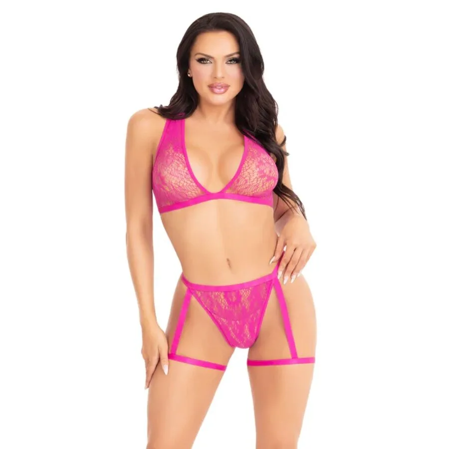 Leg Avenue 86148 Blommig Spets-BH-Top och Tångset med Strumpebandsdetaljer i Rosa – One Size