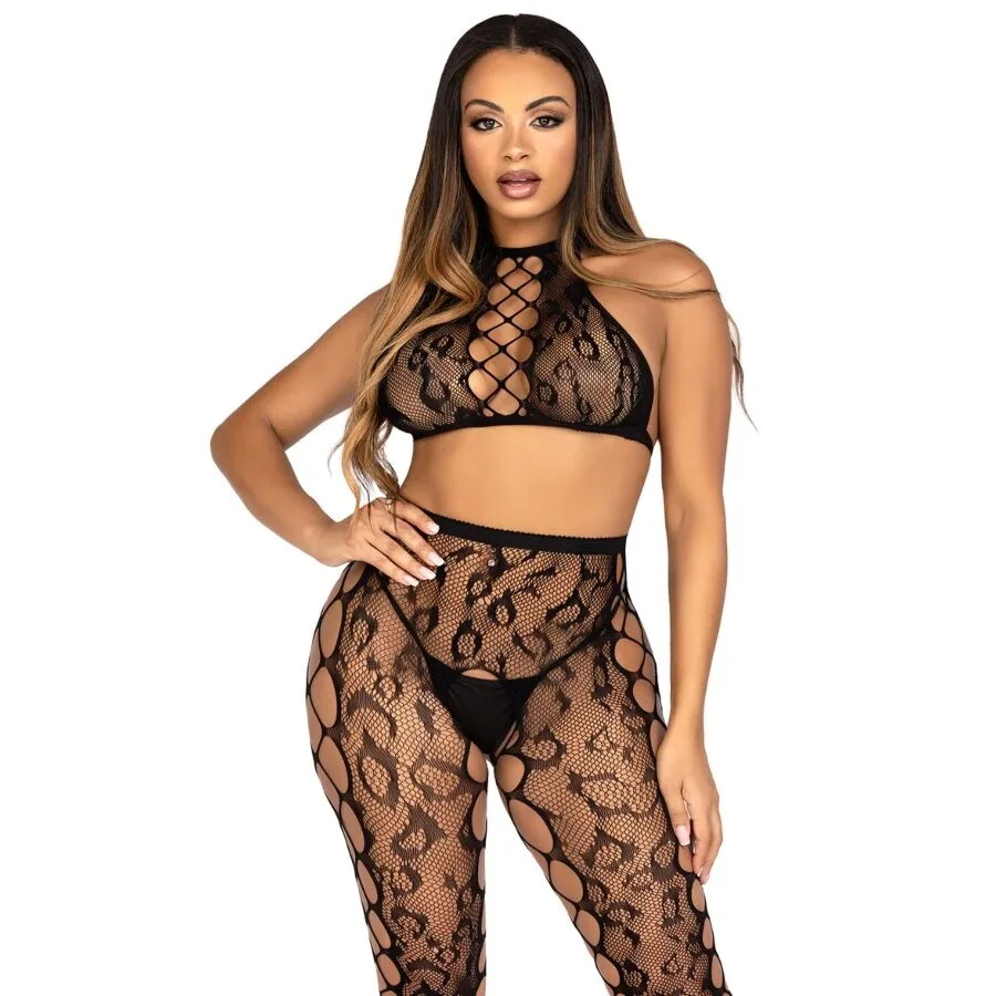 Leg Avenue 89372 Leopardmönstrad Mesh Croptopp & Grenskärda Höghöftade Strumpbyxor Set – Svart, One Size