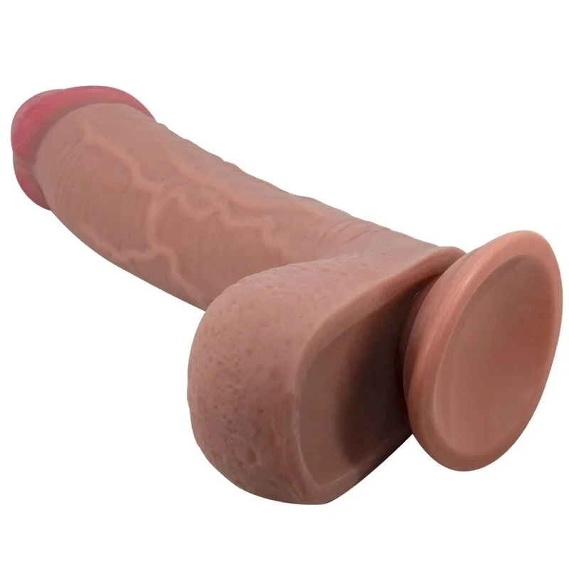 Pretty Love - Sliding Skin Series Realistisk Dildo med Rörligt Yttre Hölje, Sugkoppsbas, Brun, 23,4 cm