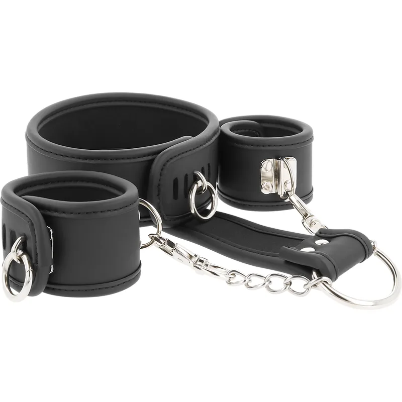 Fetish Submissive - Halsband och handledsrestriktionsset i veganskt läder med neopreninfodring