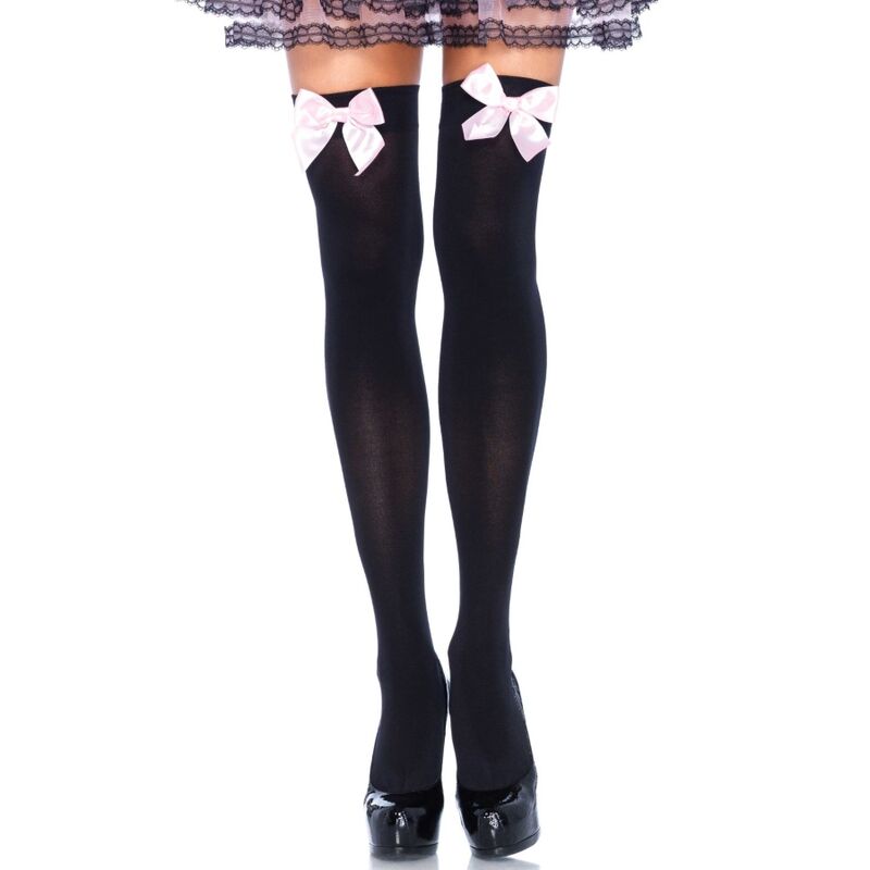 LEG AVENUE - BLACK NYLON THIGH HIGHS WITH PINK BOW ONE SIZE LEG AVENUE - BLACK NYLON THIGH HIGHS WITH PINK BOW ONE SIZE