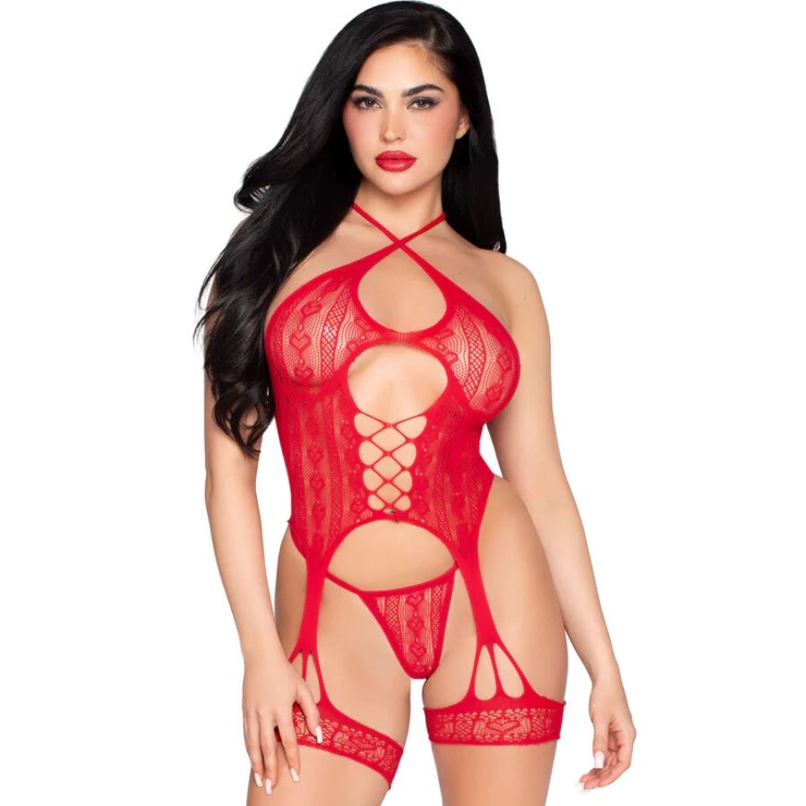 img_216599_86fa0cbaf2be6c68555da9ea05dd1f59_1 LEG AVENUE - 89338 LACE OPEN BODYSUIT WITH GARTER BELT + THONG RED - ONE SIZE - Bild 1